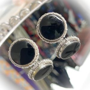 💕Beautiful Vintage Dante Silvertone Cufflinks Genuine Black Onyx💕